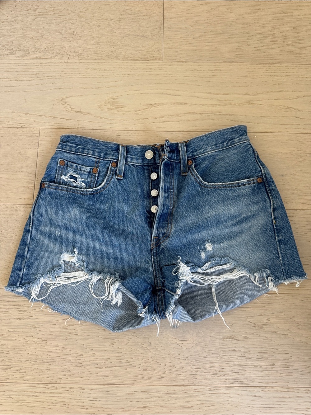 Levi's Distressed Blue Denim Button-Fly Shorts